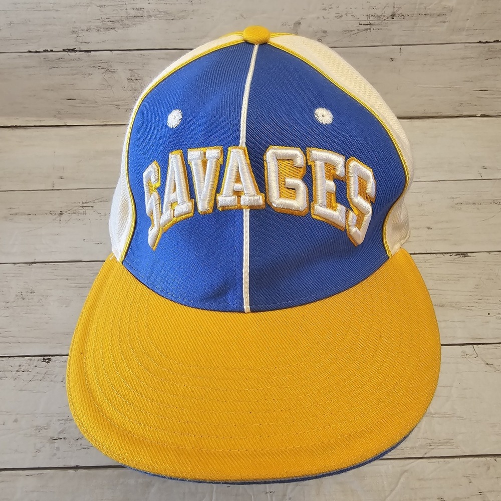 Vintage Adidas Hat Cap Fitted Mens 7 1/8 Blue Yellow White Savages Wool 90s
